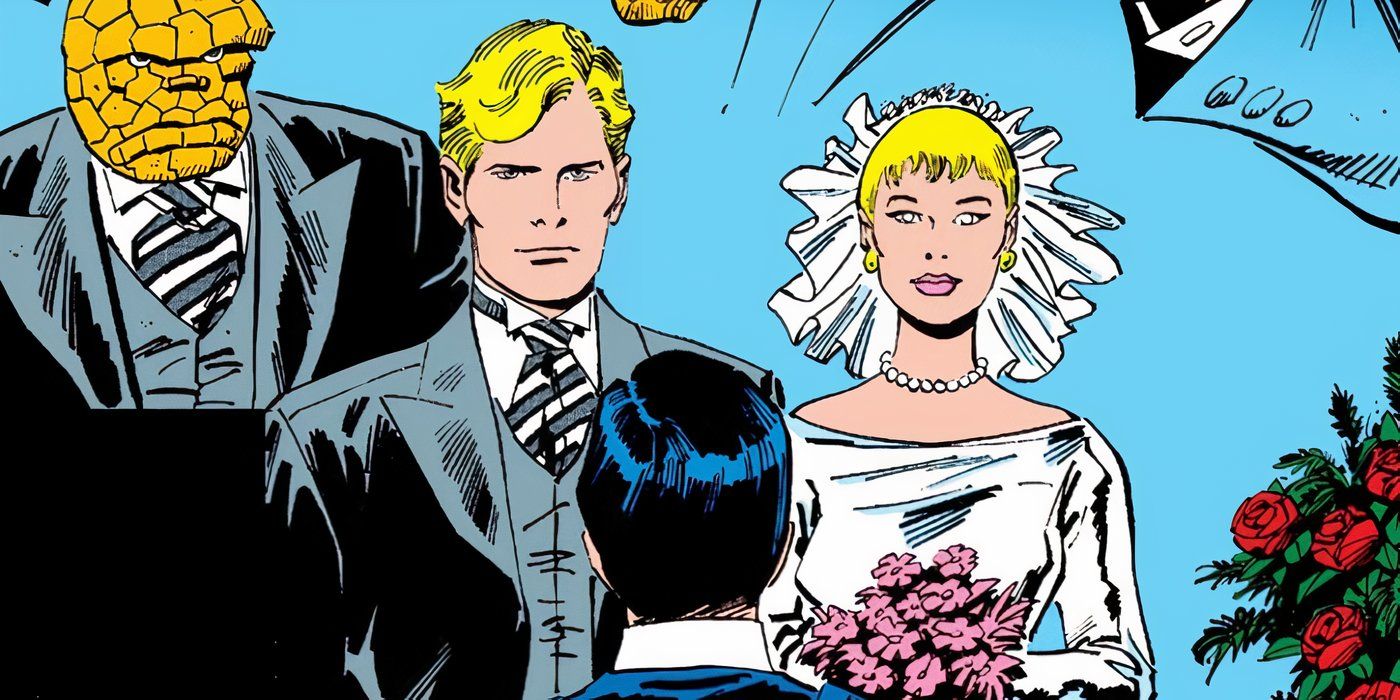 Johnny Storm marries Lyja, a Skrull disguised as Alicia Masters, while the Thing watches