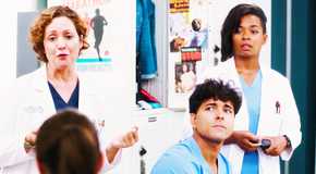 Kali Rocha as Sydney Heron, Niko Terho as Lucas Adams and Alexis Floyd as Simone Griffiths in Grey's Anatomy season 21's trailer