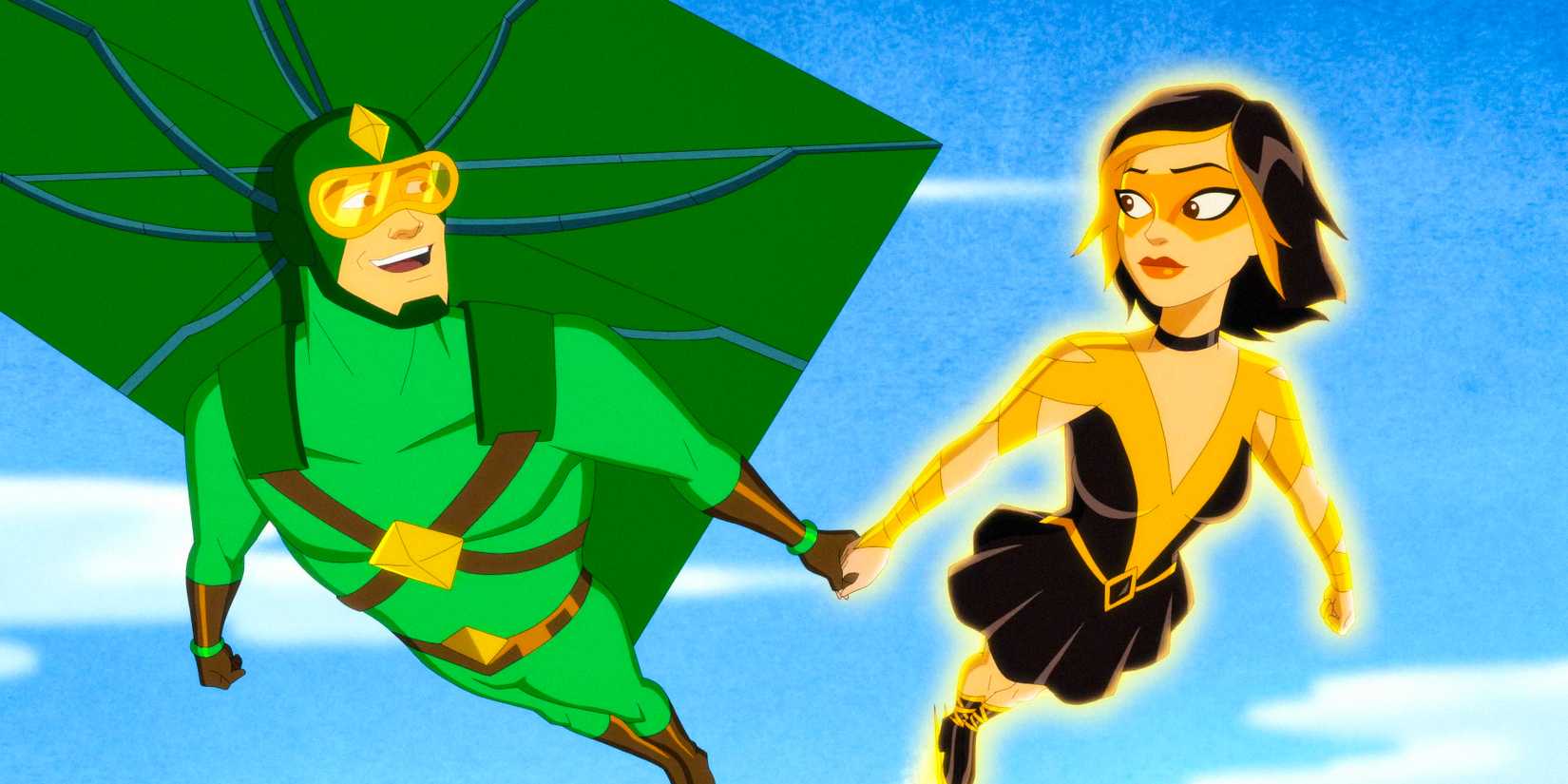 Kite Man and Gold Glider flying together, holding handsin Kite Man: Hell Yeah! Season 1 Episode 10