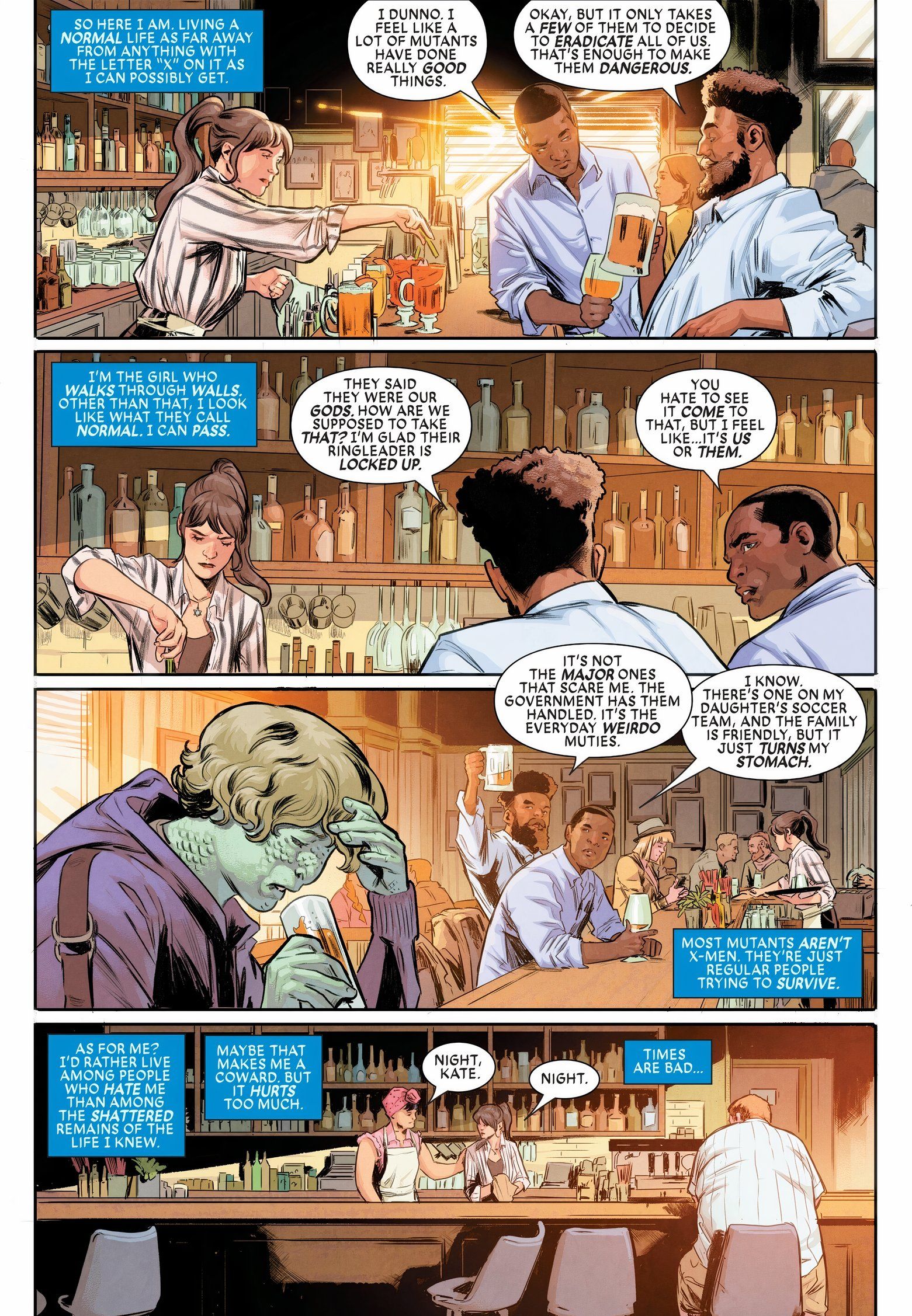 Kitty Pryde trabalha atrás de um bar enquanto os clientes menosprezam os mutantes. Um mutante parecido com um lagarto está sentado próximo, segurando uma bebida. 