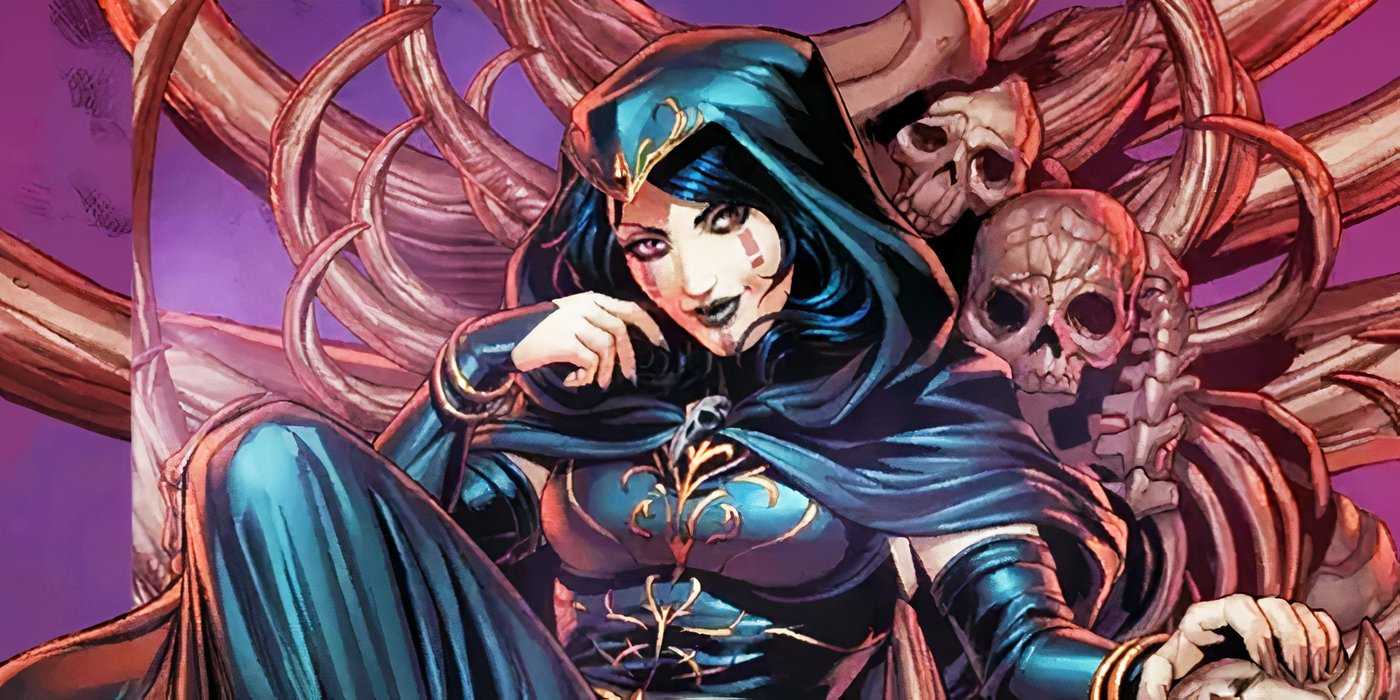 Comic book art: Lady Death in a green hood in Marvel Comics