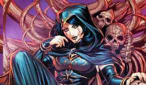 Comic book art: Lady Death in a green hood in Marvel Comics