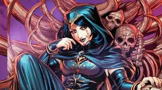 Comic book art: Lady Death in a green hood in Marvel Comics