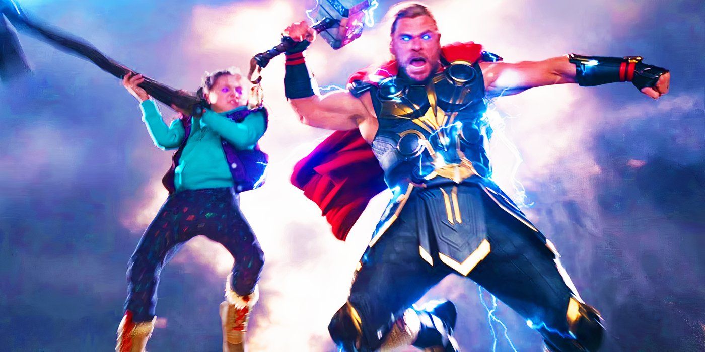 Love and Thor jumping into battle at the end of Thor Love and Thunder