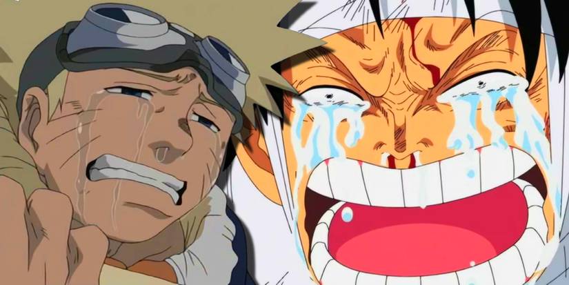 Nuffy from One Piece bandaged up and crying in rage with Narutp bawling next to him.