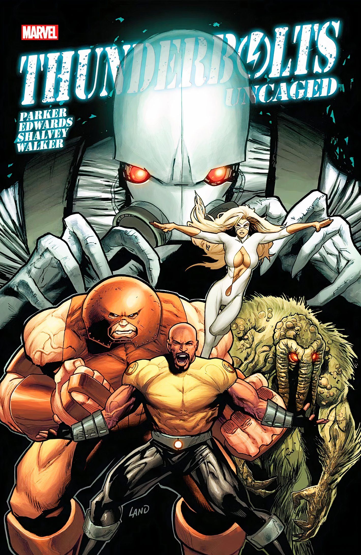 Capa de Luke Cage: Thunderbolts Uncaged, com Luke Cage flanqueado por Juggernaut e Man Thing