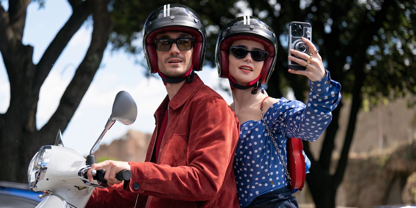 Marcello and Emily (Lily Collins) on a Vespa in Emily in Paris season 4, part 2