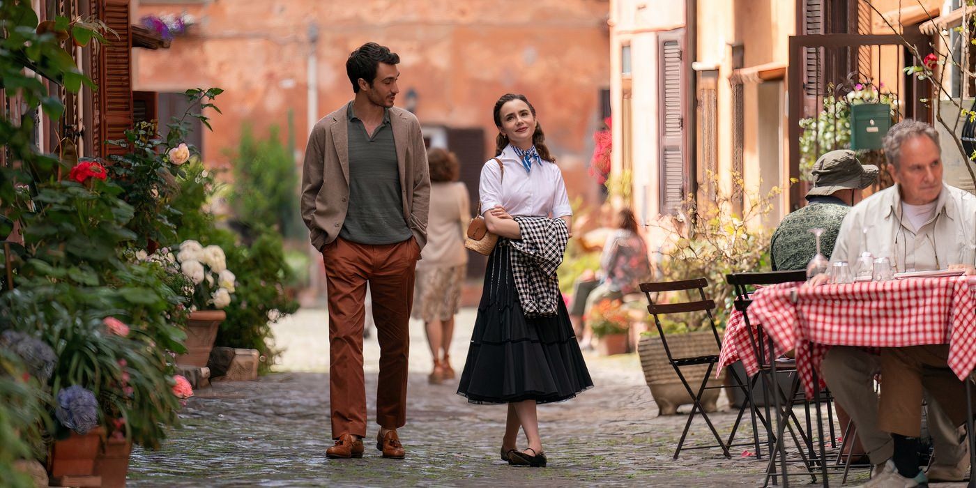 Marcello and Emily (Lily Collins) walk around his hometown in Italy in Emily in Paris season 4, part 2