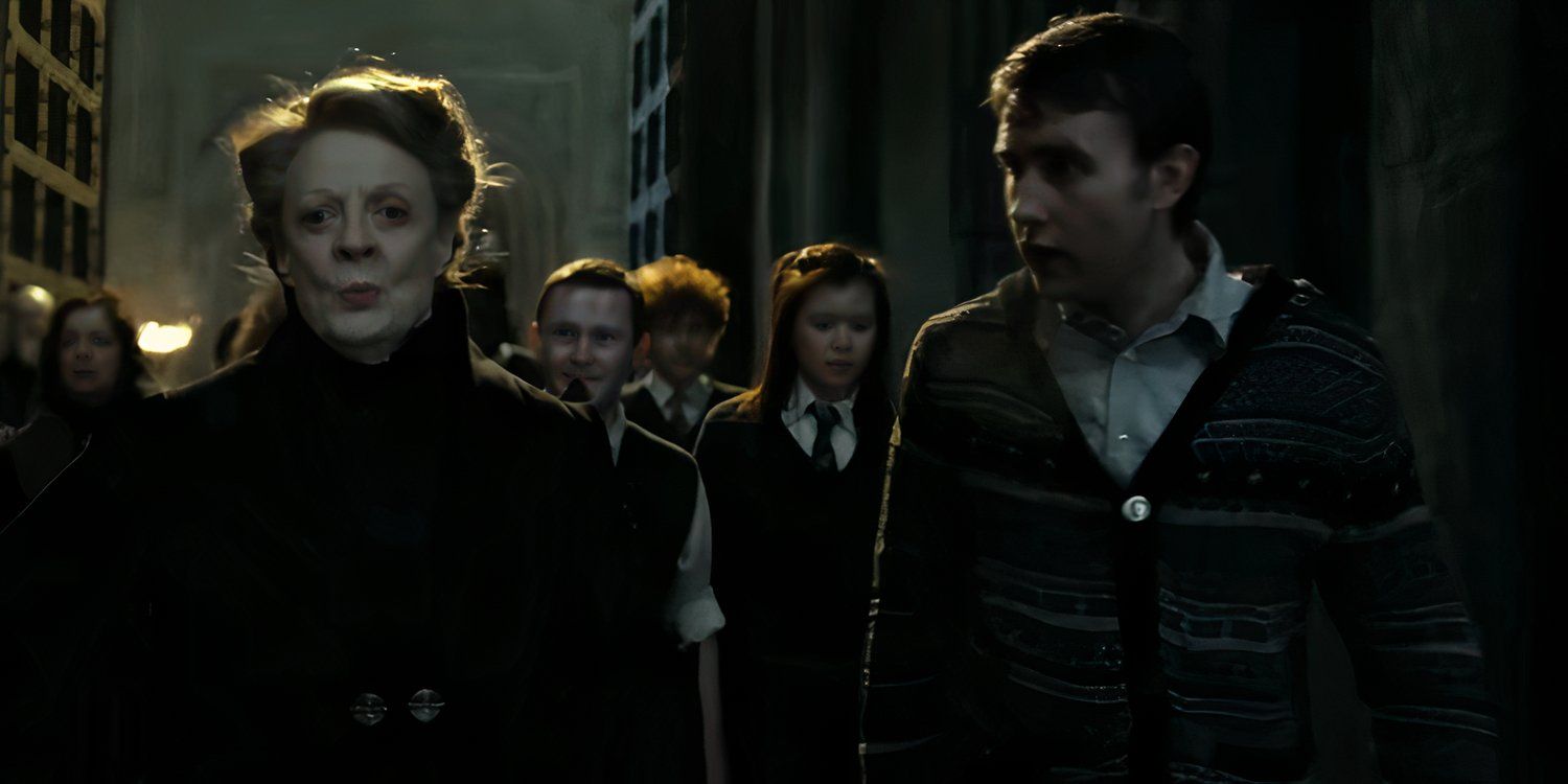 Maggie Smith as Professor McGonagall standing next to Neville Longbottom in Harry Potter & the Deathly Hallows