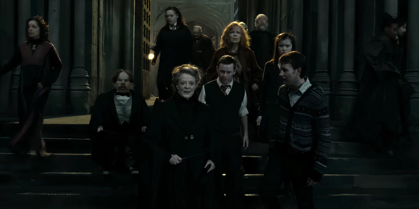 Maggie Smith as Professor McGonagall walking out of Hogwarts with her students in Harry Potter & the Deathly Hallows