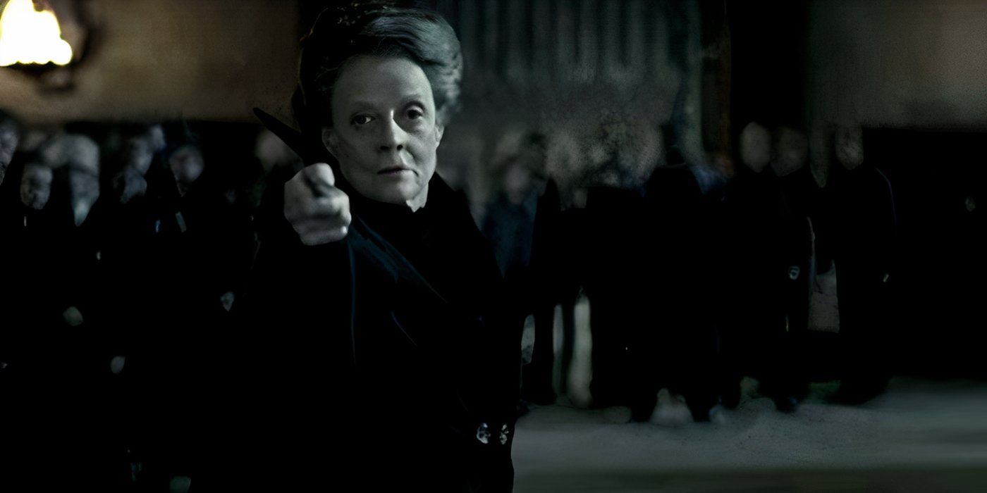 McGonagall raising her wand to fight Snape in Harry Potter & the Deathly Hallows Part 2