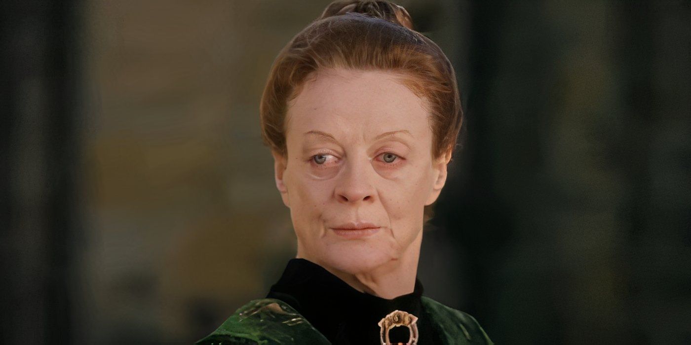 Maggie Smith looking serious on the Quidditch pitch in Harry Potter & the Sorcerer's Stone