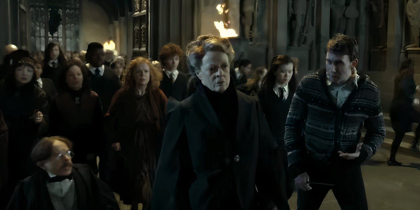 Maggie Smith as Professor McGonagall walking alongside Flitwick and Neville in Harry Potter & the Deathly Hallows