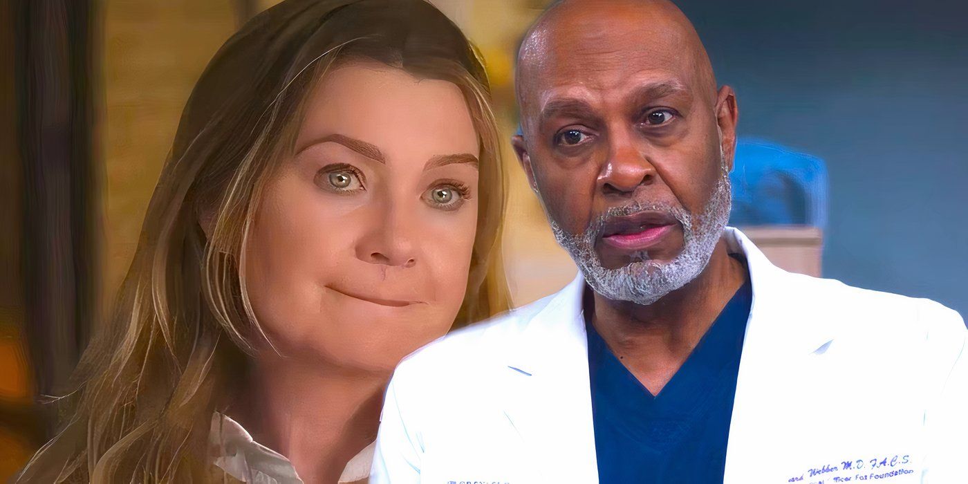 Meredith looking concerned next to Richard speaking in Grey's Anatomy