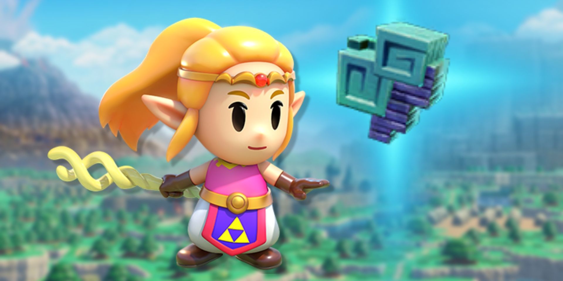 Zelda está ao lado de uma renderização de um Might Crystal, uma rocha roxa e azul em forma de bismuto de Zelda Echoes of Wisdom.