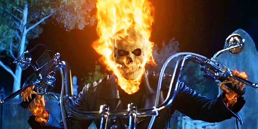 Nicolas Cage's Johnny Blaze in the graveyard in Ghost Rider