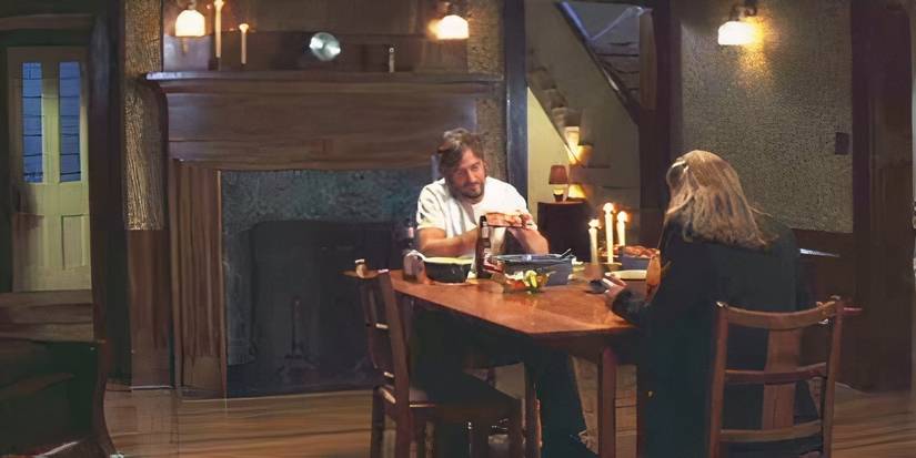 Noah (Ryan Gosling) and Allie (Rachel McAdams) sitting at the table he built for her in The Notebook