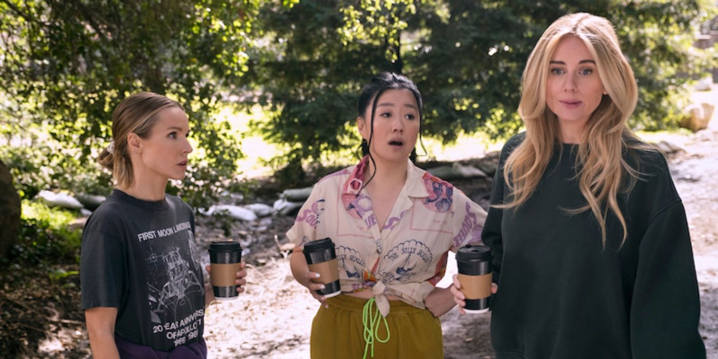 Kristen Bell, Sherry Cola, and Justine Lupe holding coffees in Nobody Wants This