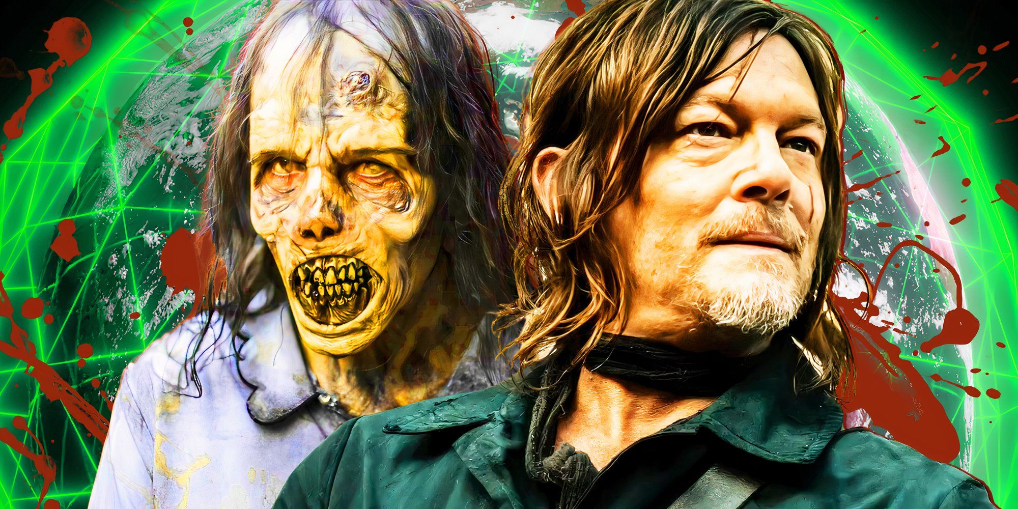 Norman Reedus as Daryl Dixon next to a zombie with planet earth in the background