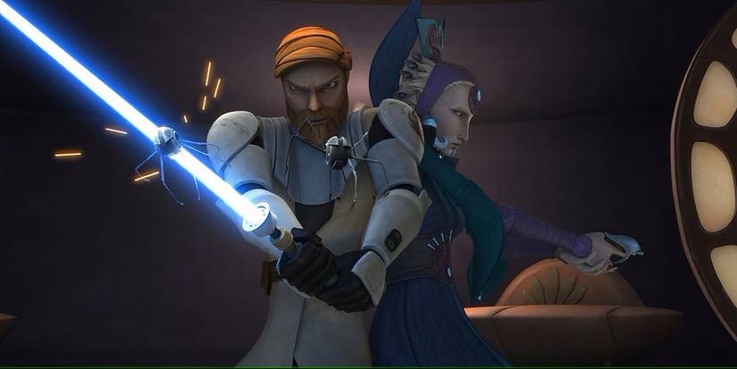 Obi-Wan Kenobi fights off droids with his blue lightsaber while Duchess Satine Kryze holds a blaster standing behind him in Star Wars: The Clone Wars