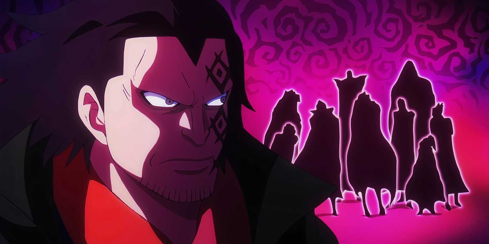 L'épisode 1117 de l'anime One Piece montre le père de Luffy, Monkey D. Dragon, l'air menaçant tandis que neuf silhouettes des Holy Knights se tiennent en arrière-plan.