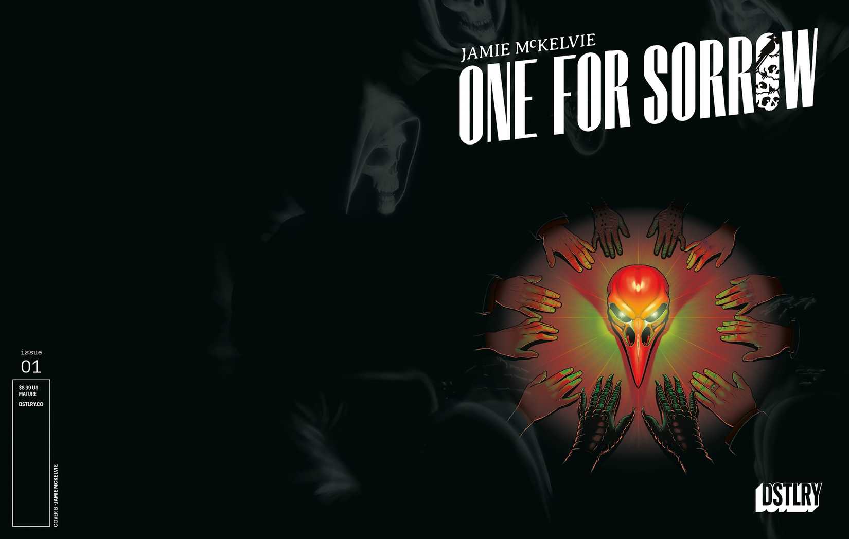 Comic book cover: a circle of hands reaches for a glowing plague mask.