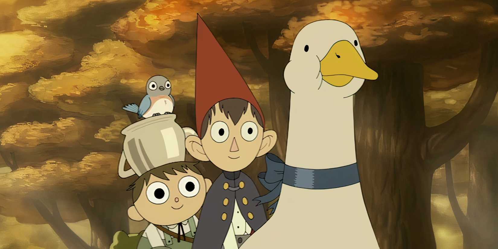 Wirt e Greg em cima de um ganso gigante em Over The Garden Wall.