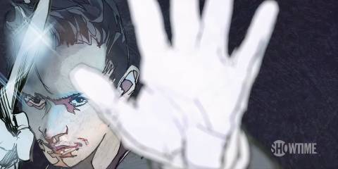 Peter Thornton holding up a gloved hand and a knife in Dexter: Early Cuts - Dark Echo part 4