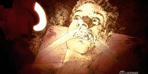 Peter Thornton looking terrified as Dexter's circular saw inches towards his neck in Dexter: Early Cuts - Dark Echo part 6