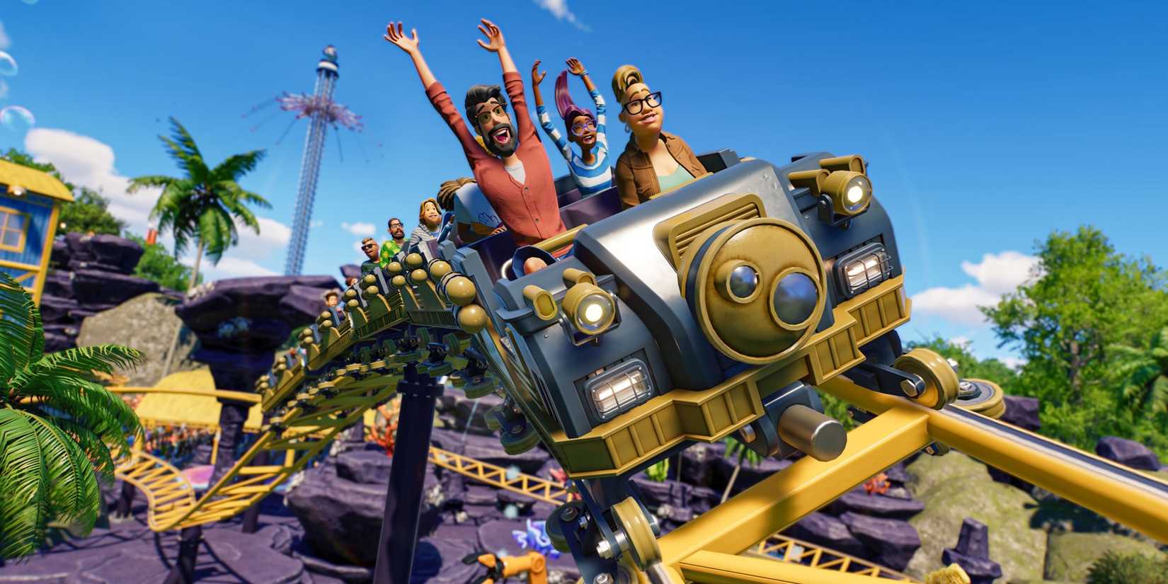 Planet Coaster 2 guests riding a gold and silver rollercoaster, throwing their hands up in the air.