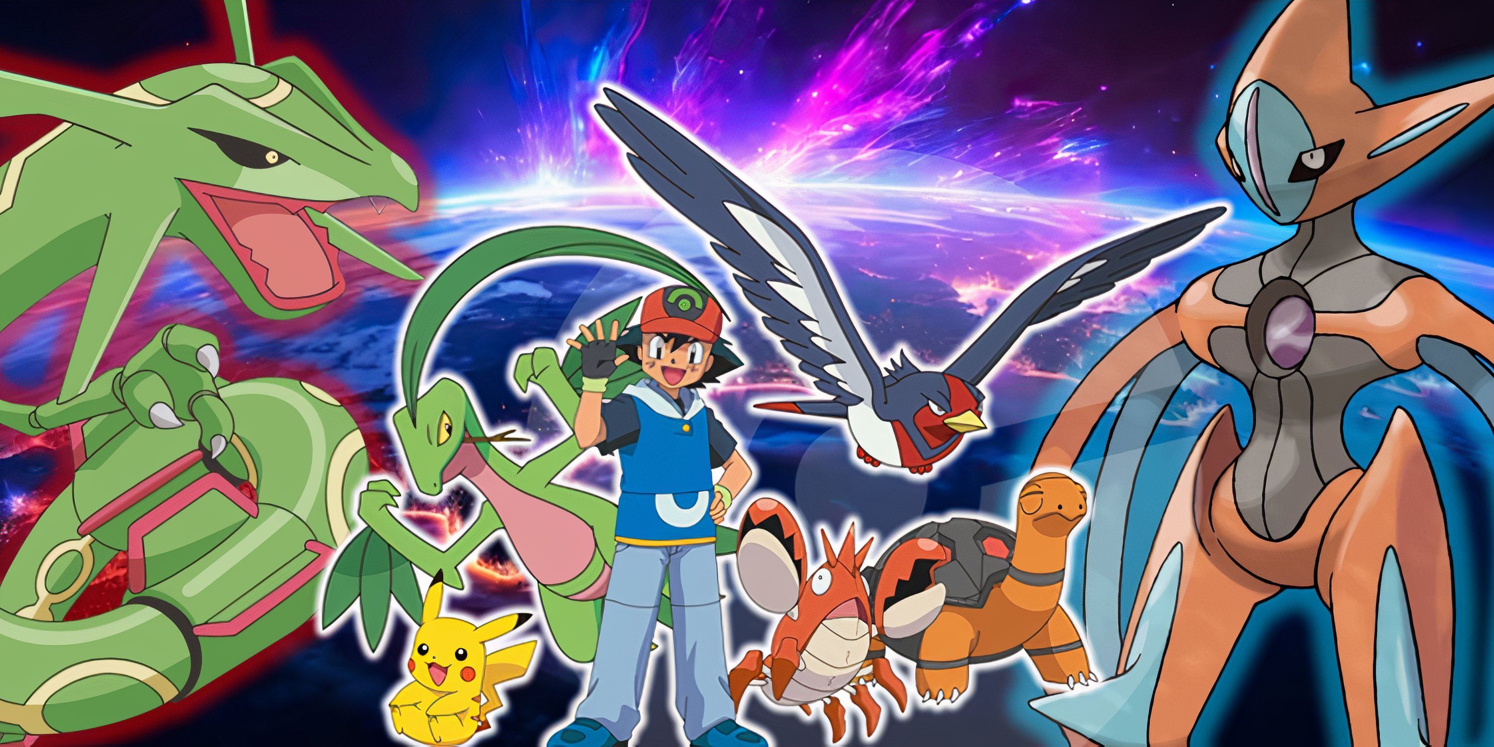 From Pokemon Destiny Deoxys: Ash and partner pokemon pose between Deoxys and Rayquaza.