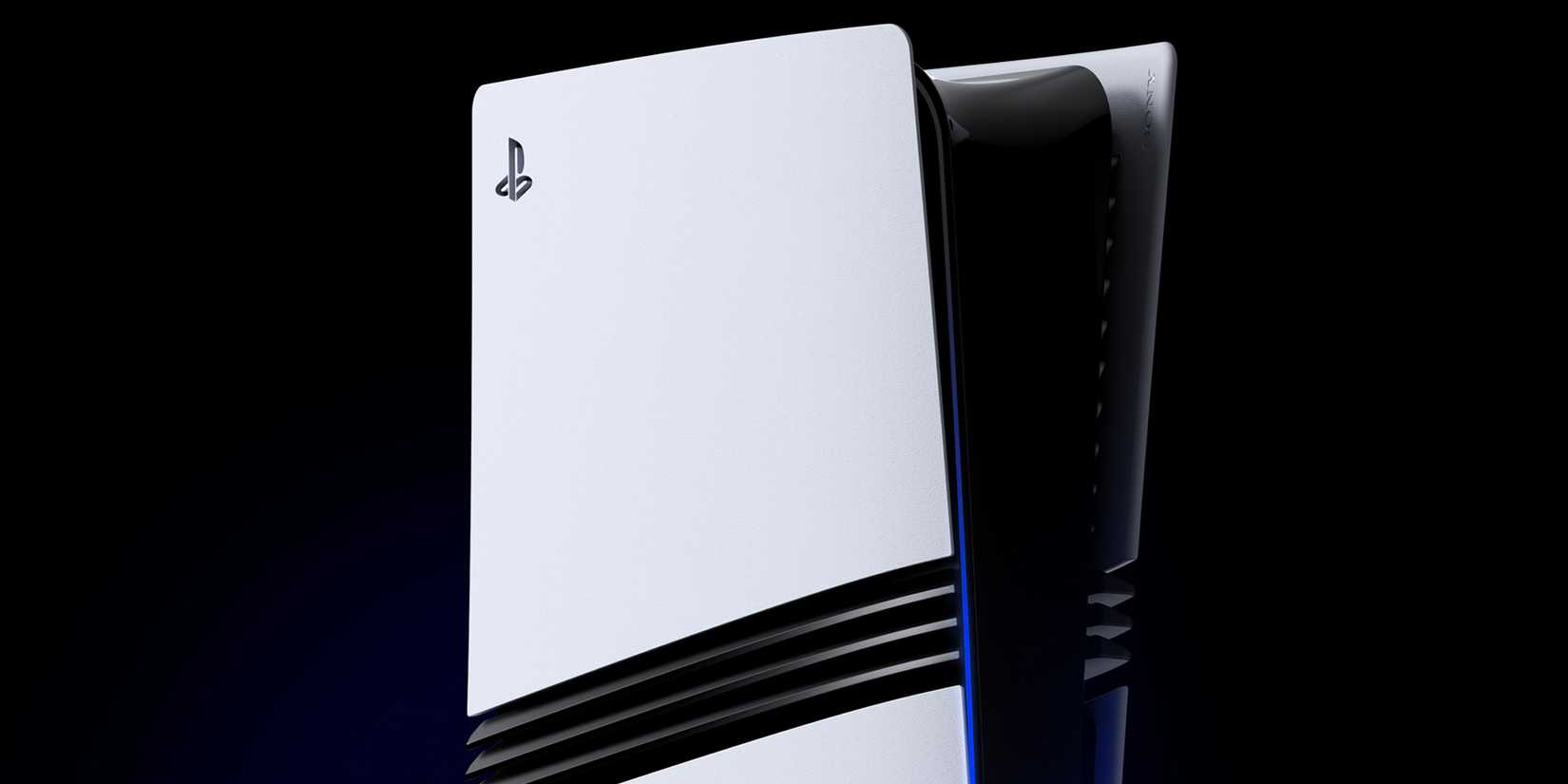 Close-up do PS5 Pro em fundo escuro, mostrando a parte superior do console