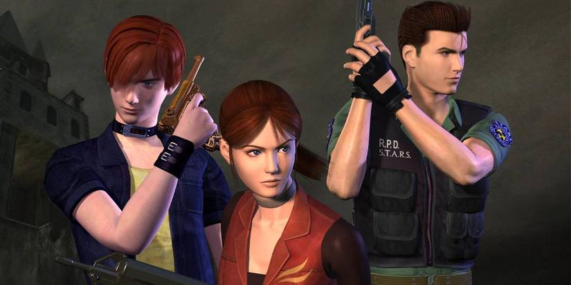 The cast of Resident Evil: Code Veronica standing with their weapons drawn