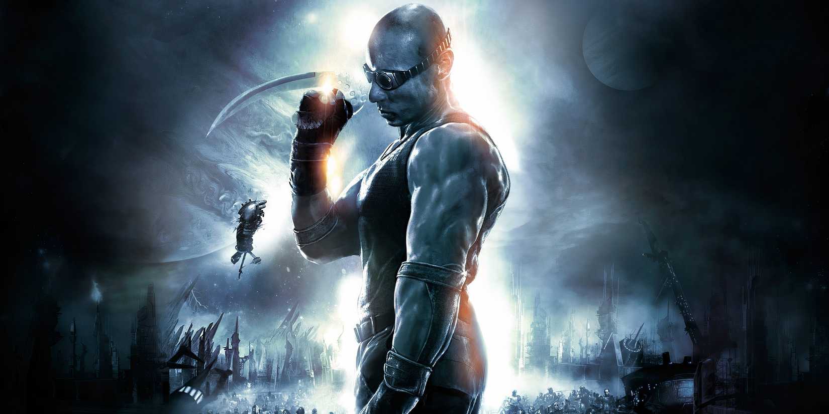 Riddick holding scythes in The Chronicles of Riddic Assault on Dark Athena poster art