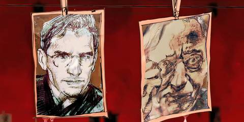 Pictures of Robert Milson as a young man and as an elderly professor in Dexter: Early Cuts - part 1