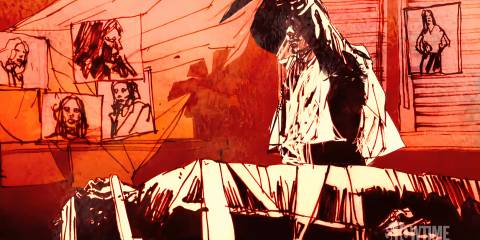 Dexter Morgan prepares to stab Robert Milson, who is strapped to a table, in Dexter: Early Cuts - Dark Echo part 2