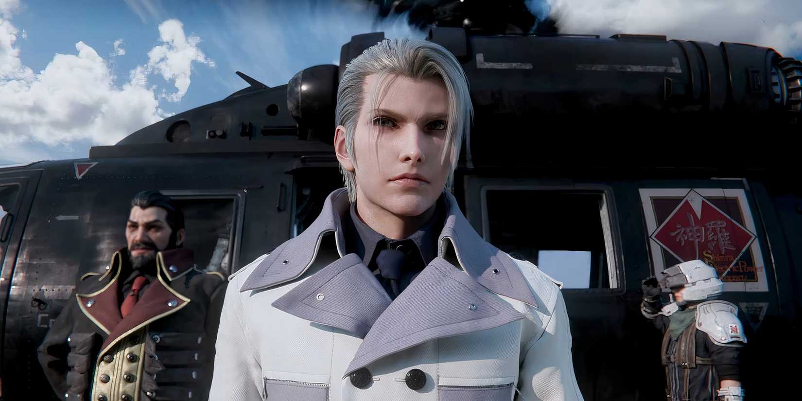 Rufus Shinra and Heidegger arriving in Junon by Helicopter for the parade in Final Fantasy 7 Rebirth FF7.