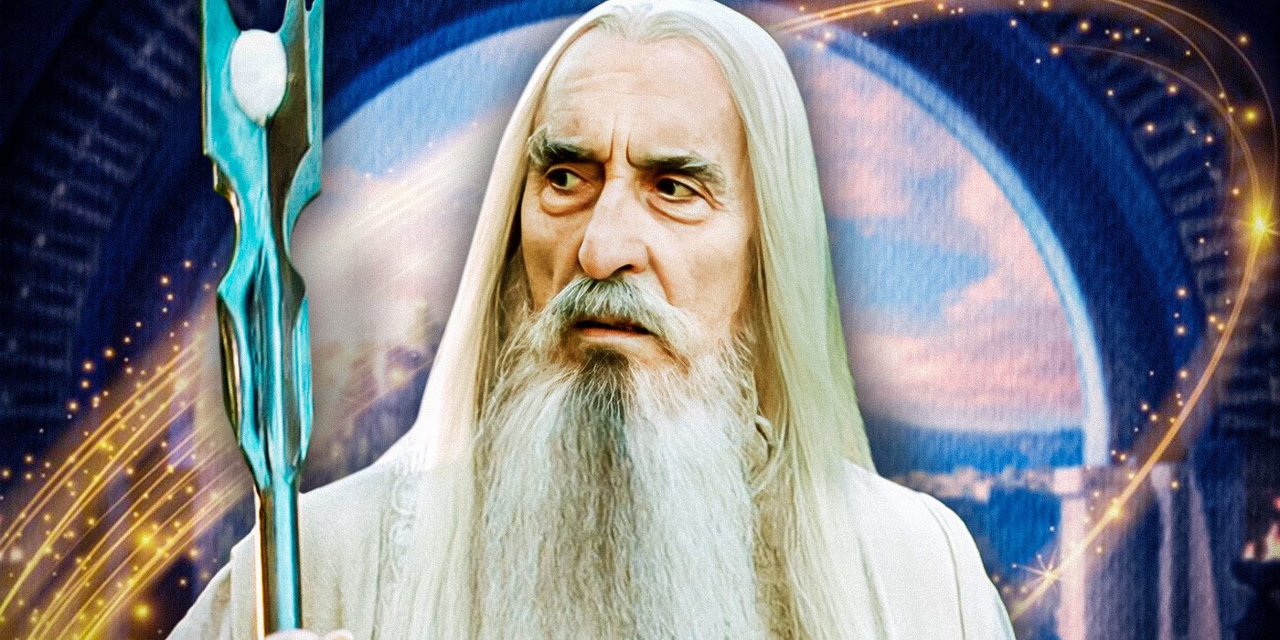 Christopher Lee as Saruman looking to the side and holding his staff in The Lord of the Rings