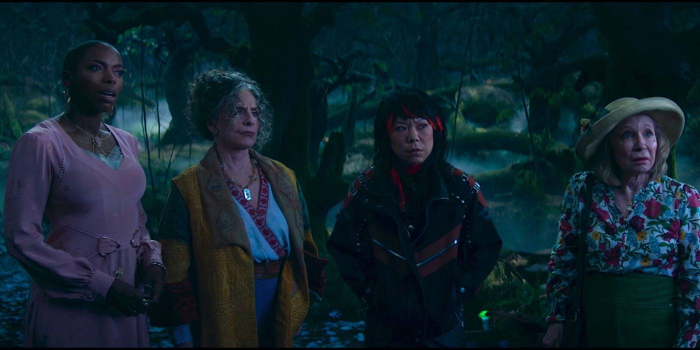 Sasheer Zamata's Jennifer, Patti LuPone's Lilia, Ali Ahn's Alice and Debra Jo Rupp's Sharon look unamused on the Witches' Road in Agatha All Along (2024) episode 3