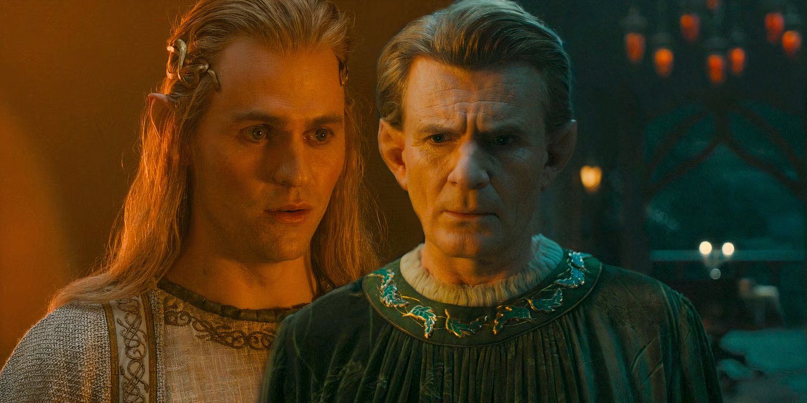 Sauron as Annatar next to Celebrimbor looking worried in The Lord of the Rings The Rings of Power Season 2