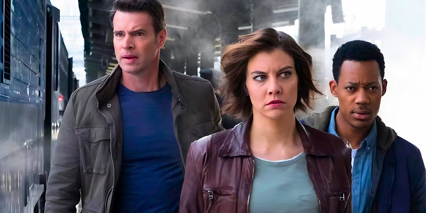 Scott Foley as Will Chase, Lauren Cohan as Francesca Frankie Trowbridge, and Tyler James Williams as Edgar Standish walking through a station in Whiskey Cavalier