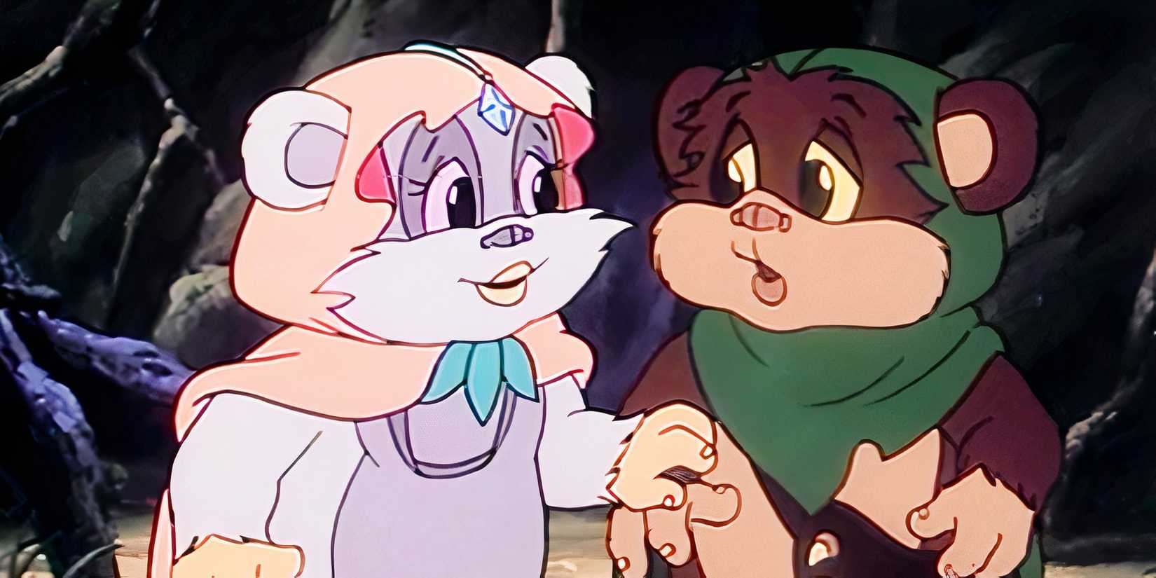Two of the Ewoks together, one looking concerned and one looking to comfort, in Star Wars: Ewoks