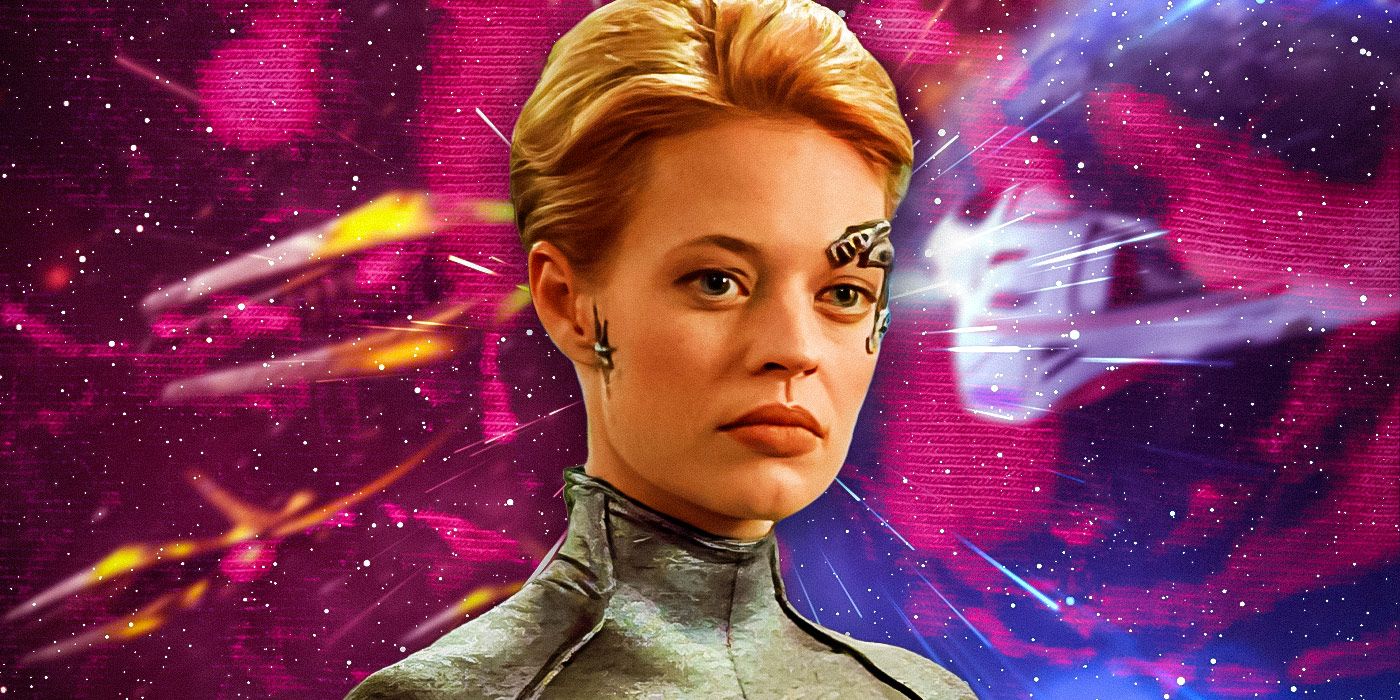 Seven of Nine (Jeri Ryan) from Star Trek: Voyager in her silver catsuit on a pink and blue star field background.