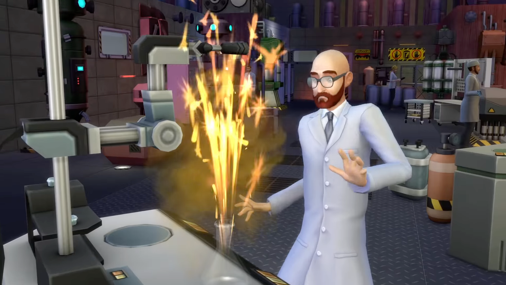 Um cientista recua após a explosão de um frasco Erlenmeyer.