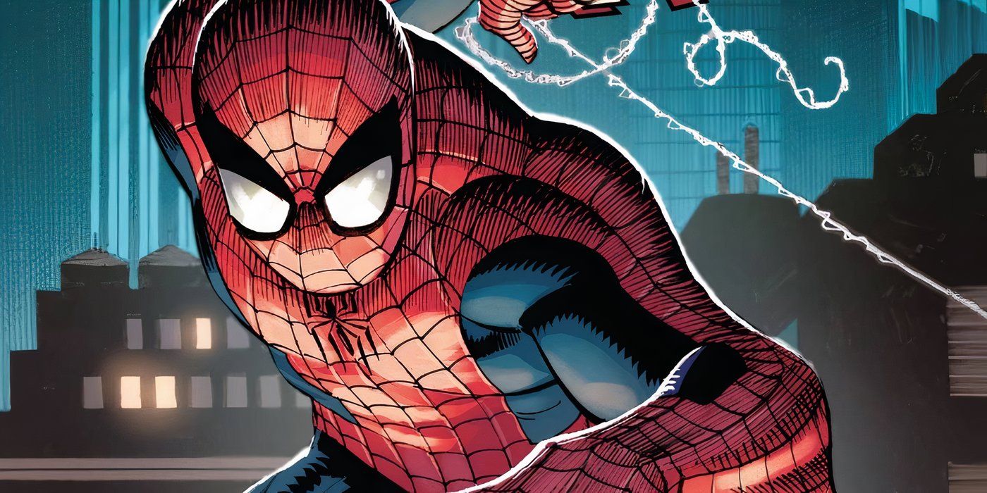 Comic book art: Spider-Man swinging through the city.