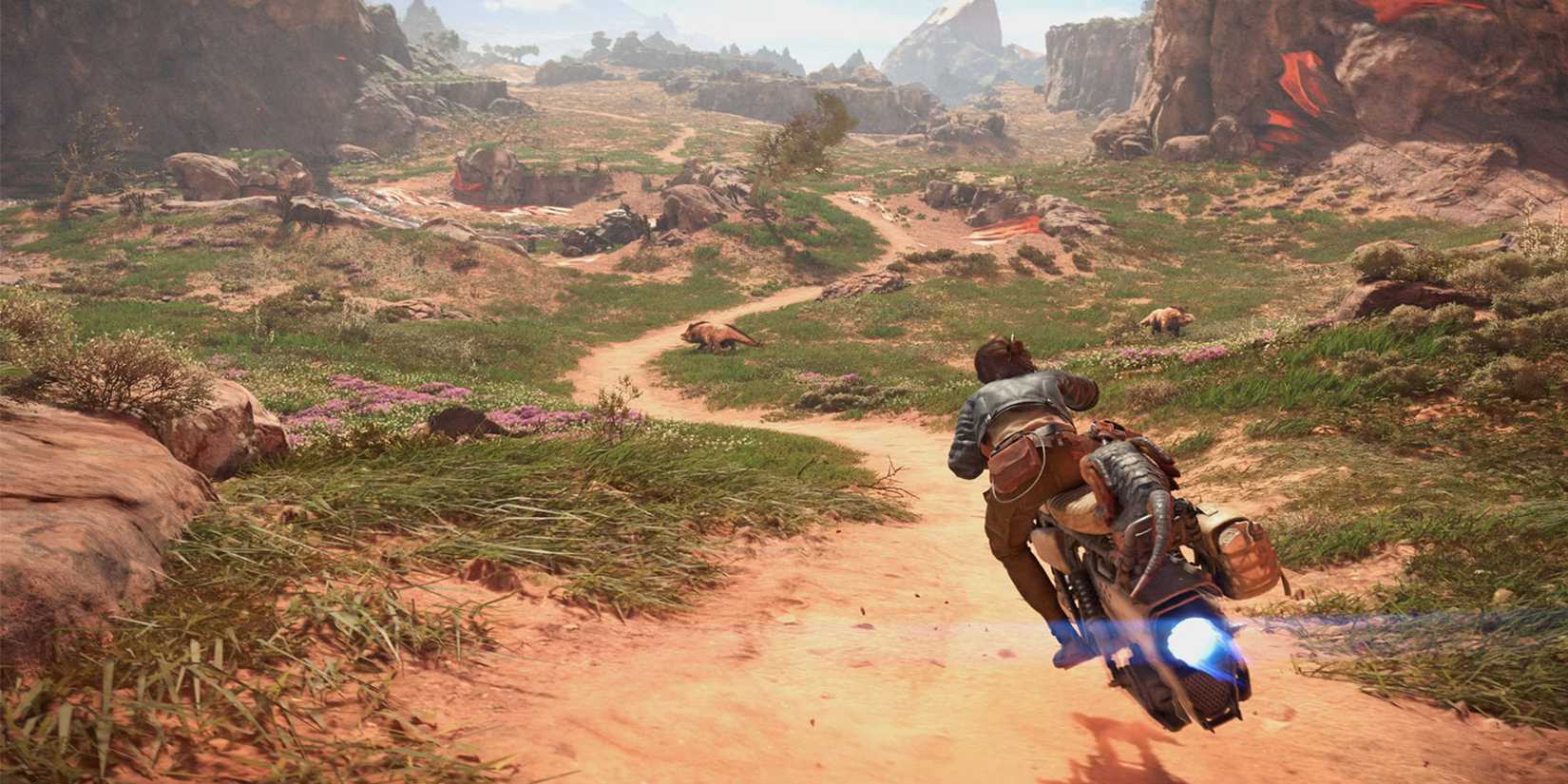 Kay rides her speeder down a dusty path.