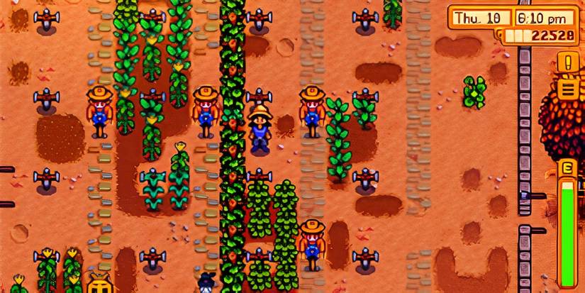 Agricultor de Stardew Valley em pé perto de culturas agrícolas, espantalhos e aspersores.