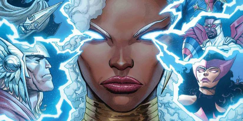 Close up of Storm, surging with lightning energy, flanked by her Avengers teammates.