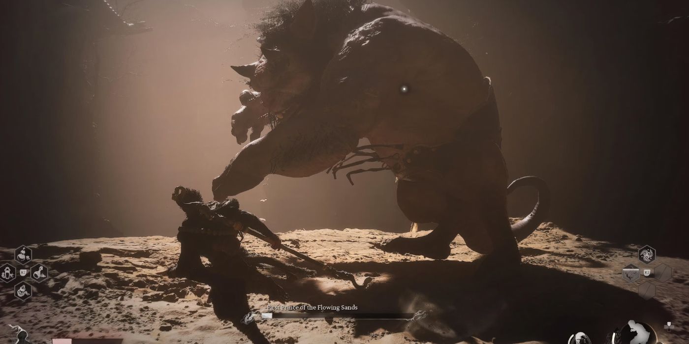Sun Wukong running to the left of First Prince of the Flowing Sands in Black Myth Wukong