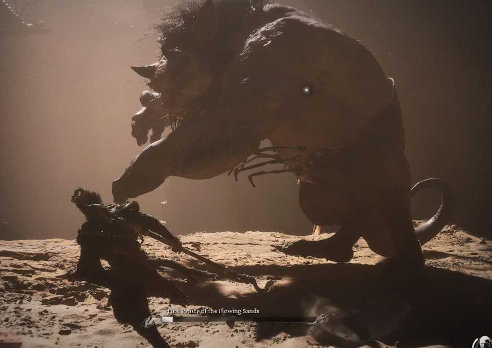 Sun Wukong running to the left of First Prince of the Flowing Sands in Black Myth Wukong